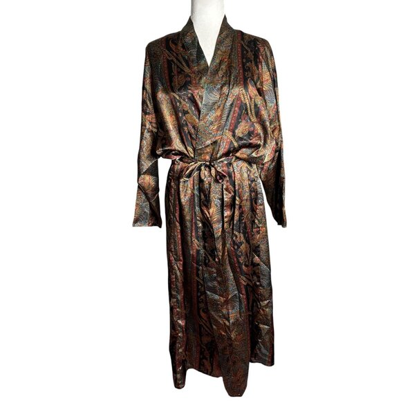 Vintage 90s Victorias Secret Satin Robe Size 16 Paisley Belt Long Kimono Style - Picture 1 of 7